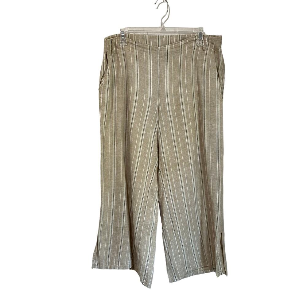 J Jill Linen Blend Wide Leg Crop Pants Tan Stripe Pull On‎ Split Hem M